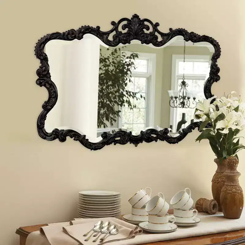 40"x30" Rectangular Iron Wall Mirror | Ornate Frame | Glossy Black Lacquer
