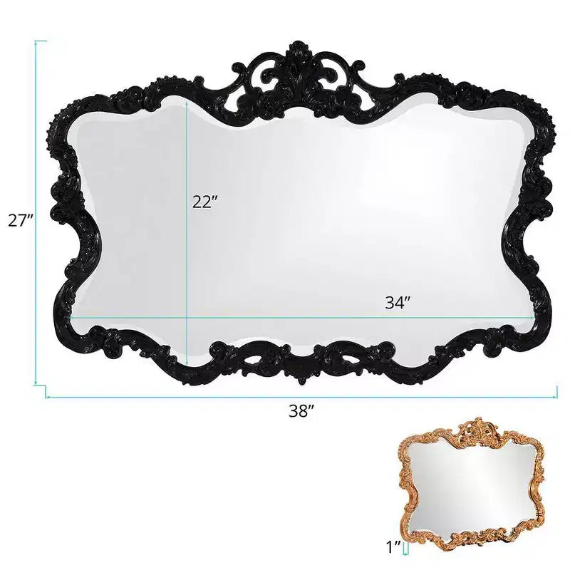 40"x30" Rectangular Iron Wall Mirror | Ornate Frame | Glossy Black Lacquer