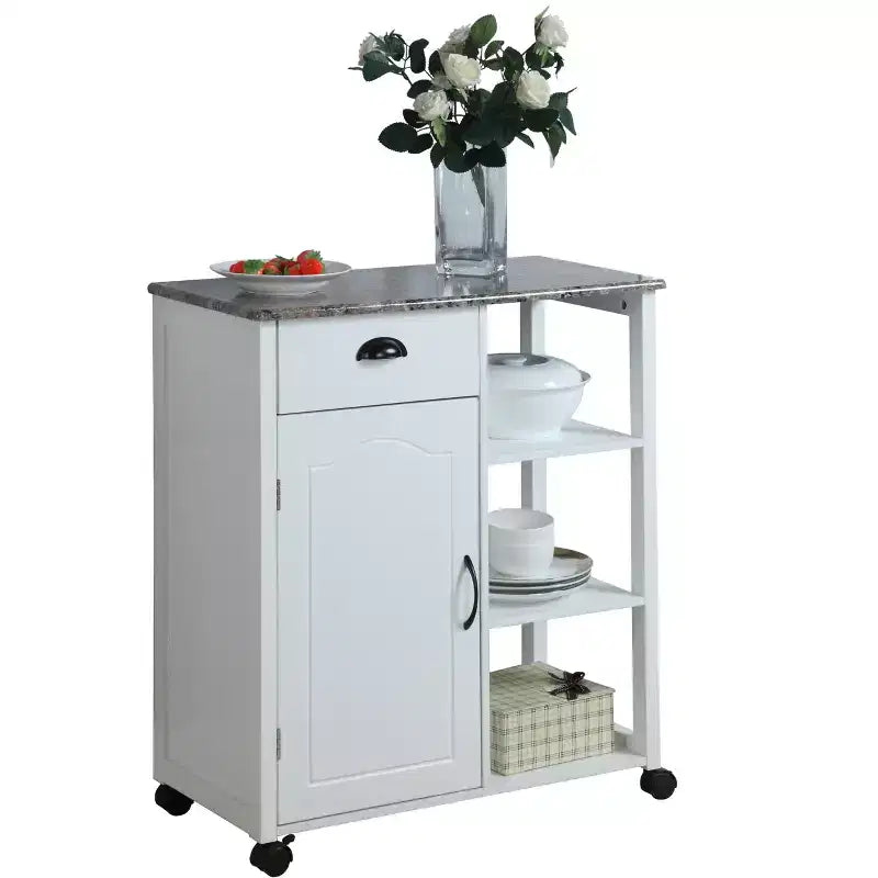 Kitchen Storage Cabinet Cart | Marble Vinyl Top | White | 3 Shelves & Castors