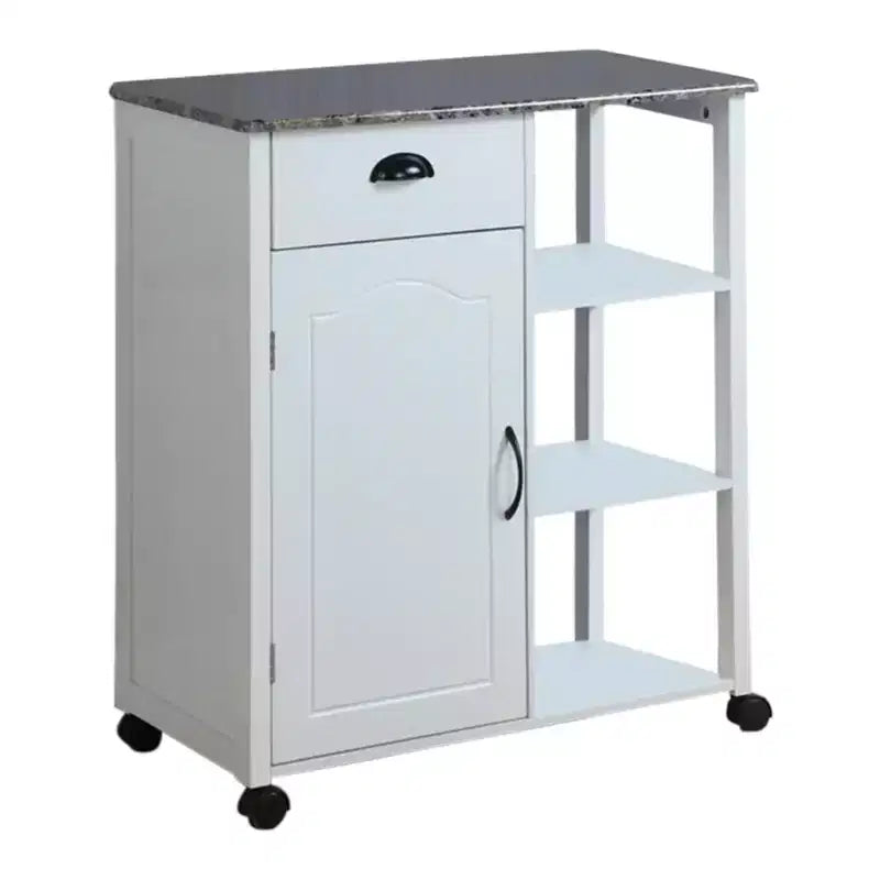 Kitchen Storage Cabinet Cart | Marble Vinyl Top | White | 3 Shelves & Castors