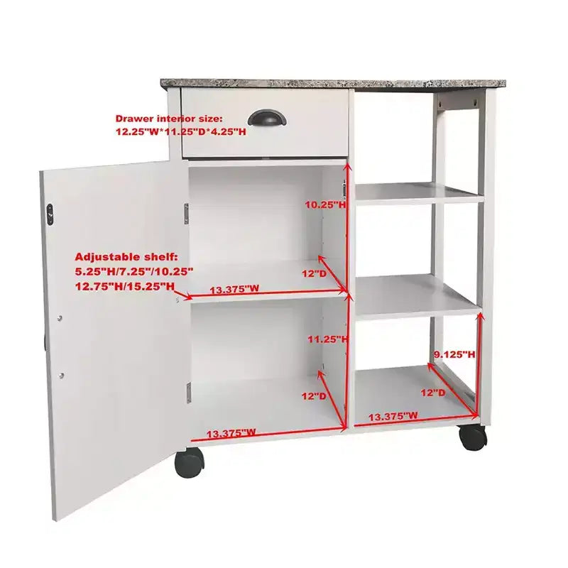 Kitchen Storage Cabinet Cart | Marble Vinyl Top | White | 3 Shelves & Castors