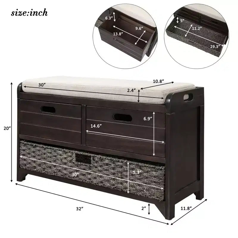 Storage Bench 32" | Removable Basket & 2 Drawers | Cushioned Seat
