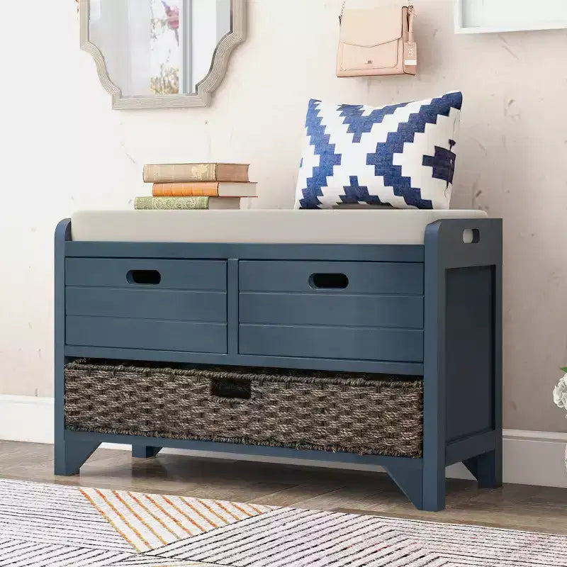Storage Bench 32" | Removable Basket & 2 Drawers | Cushioned Seat