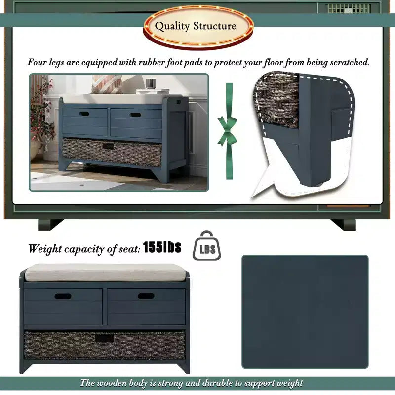 Storage Bench 32" | Removable Basket & 2 Drawers | Cushioned Seat