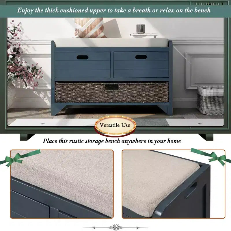 Storage Bench 32" | Removable Basket & 2 Drawers | Cushioned Seat