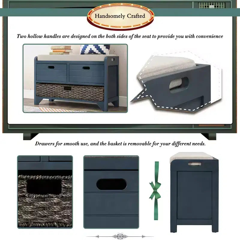 Storage Bench 32" | Removable Basket & 2 Drawers | Cushioned Seat