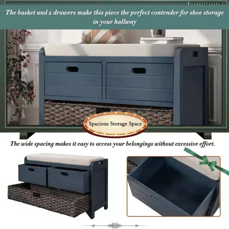 Storage Bench 32" | Removable Basket & 2 Drawers | Cushioned Seat