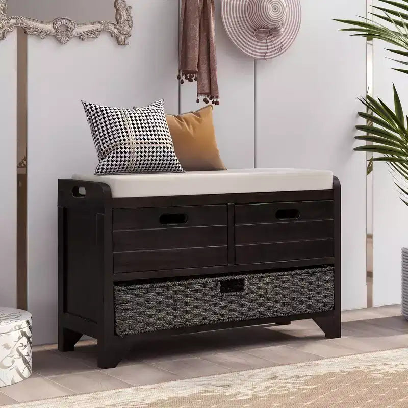 Storage Bench 32" | Removable Basket & 2 Drawers | Cushioned Seat