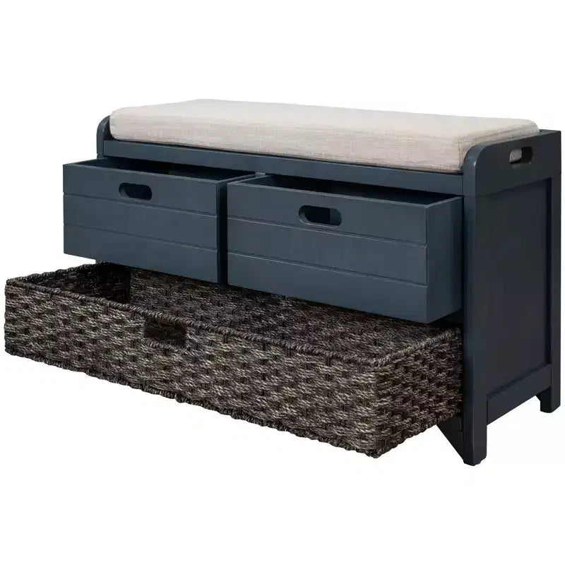 Storage Bench 32" | Removable Basket & 2 Drawers | Cushioned Seat