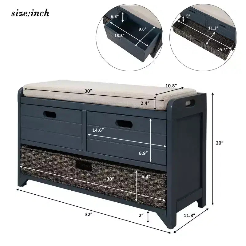 Storage Bench 32" | Removable Basket & 2 Drawers | Cushioned Seat