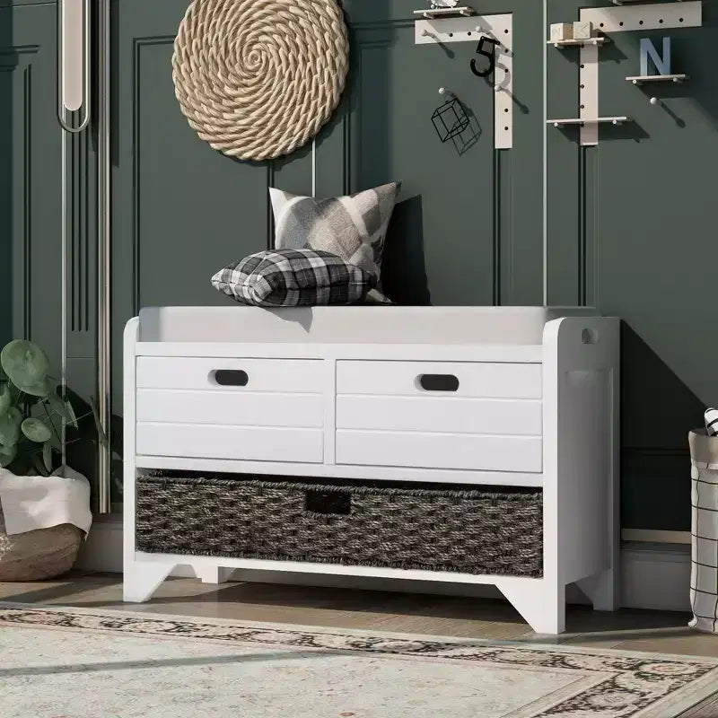 Storage Bench 32" | Removable Basket & 2 Drawers | Cushioned Seat