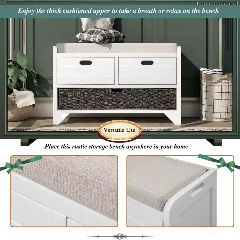 Storage Bench 32" | Removable Basket & 2 Drawers | Cushioned Seat