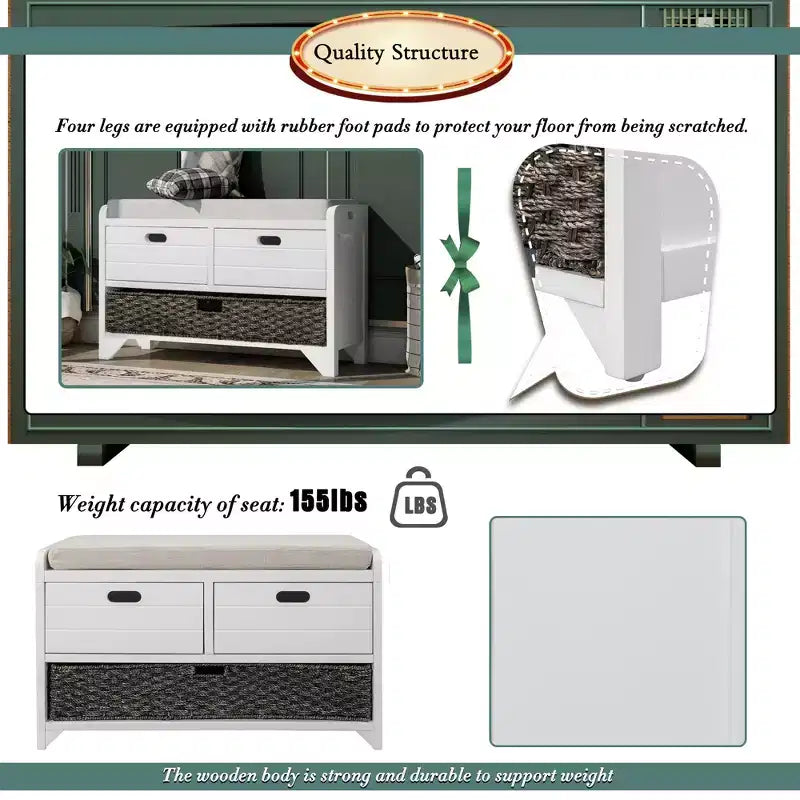 Storage Bench 32" | Removable Basket & 2 Drawers | Cushioned Seat