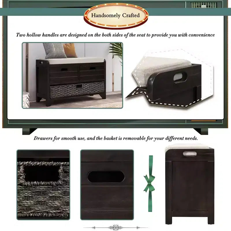 Storage Bench 32" | Removable Basket & 2 Drawers | Cushioned Seat