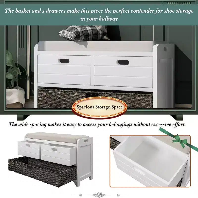 Storage Bench 32" | Removable Basket & 2 Drawers | Cushioned Seat