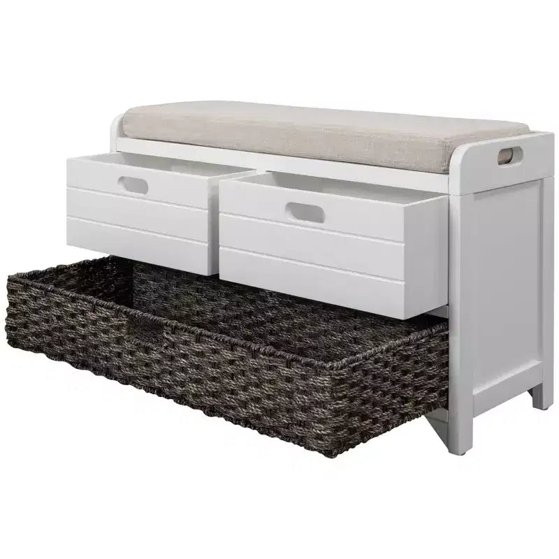Storage Bench 32" | Removable Basket & 2 Drawers | Cushioned Seat