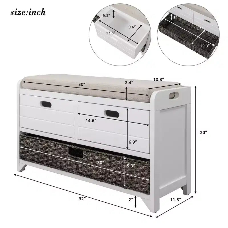 Storage Bench 32" | Removable Basket & 2 Drawers | Cushioned Seat