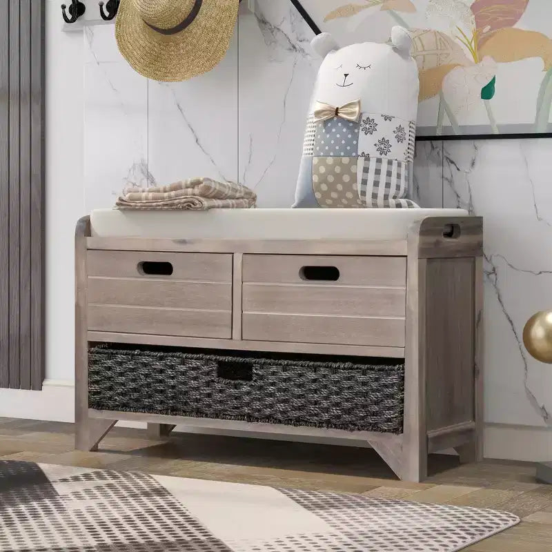 Storage Bench 32" | Removable Basket & 2 Drawers | Cushioned Seat
