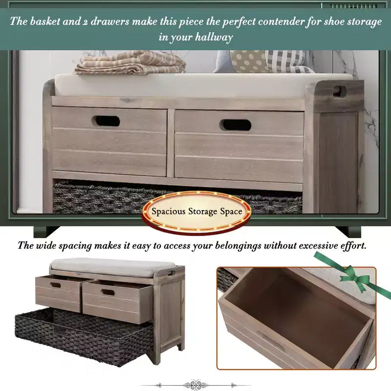 Storage Bench 32" | Removable Basket & 2 Drawers | Cushioned Seat
