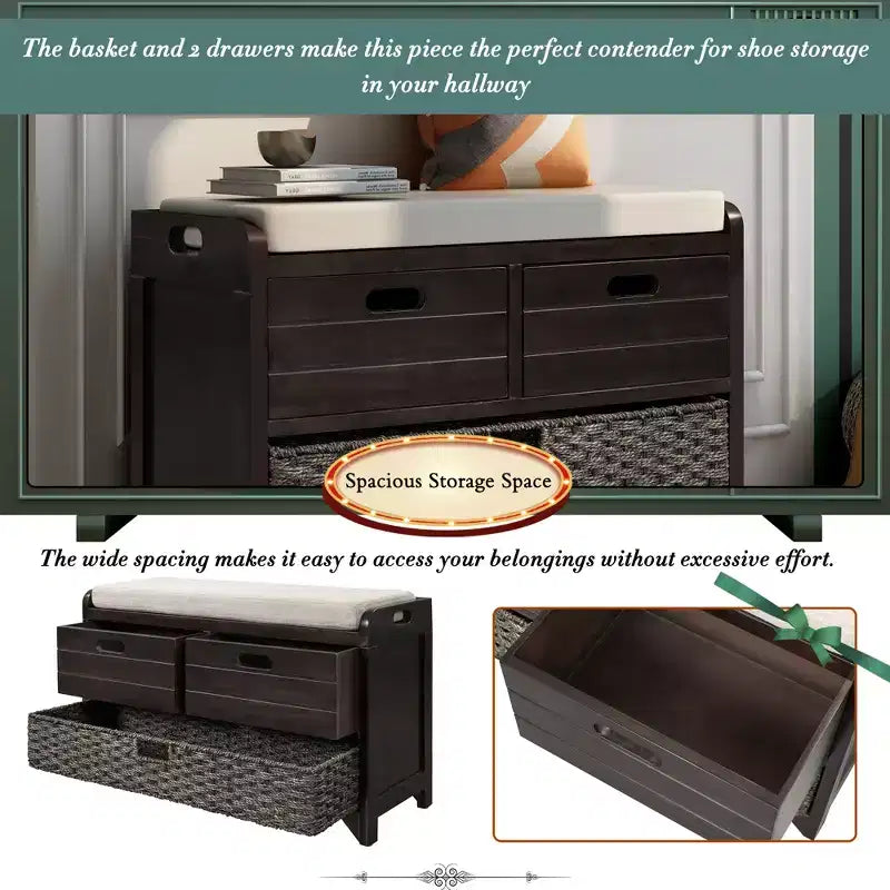 Storage Bench 32" | Removable Basket & 2 Drawers | Cushioned Seat