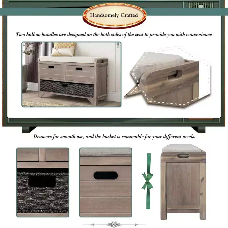 Storage Bench 32" | Removable Basket & 2 Drawers | Cushioned Seat