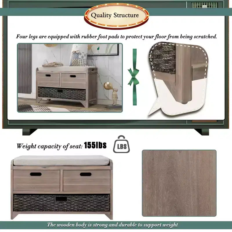 Storage Bench 32" | Removable Basket & 2 Drawers | Cushioned Seat