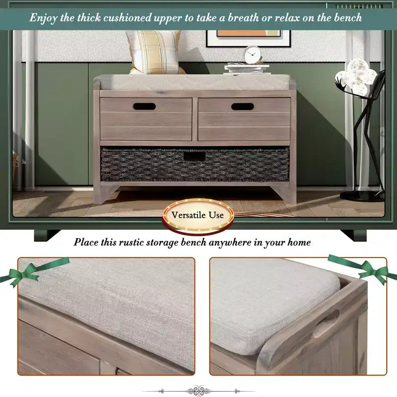 Storage Bench 32" | Removable Basket & 2 Drawers | Cushioned Seat