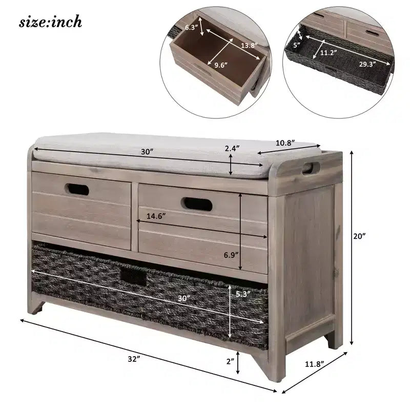 Storage Bench 32" | Removable Basket & 2 Drawers | Cushioned Seat
