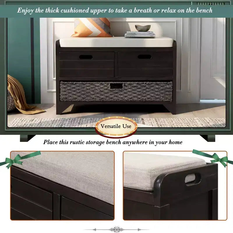 Storage Bench 32" | Removable Basket & 2 Drawers | Cushioned Seat