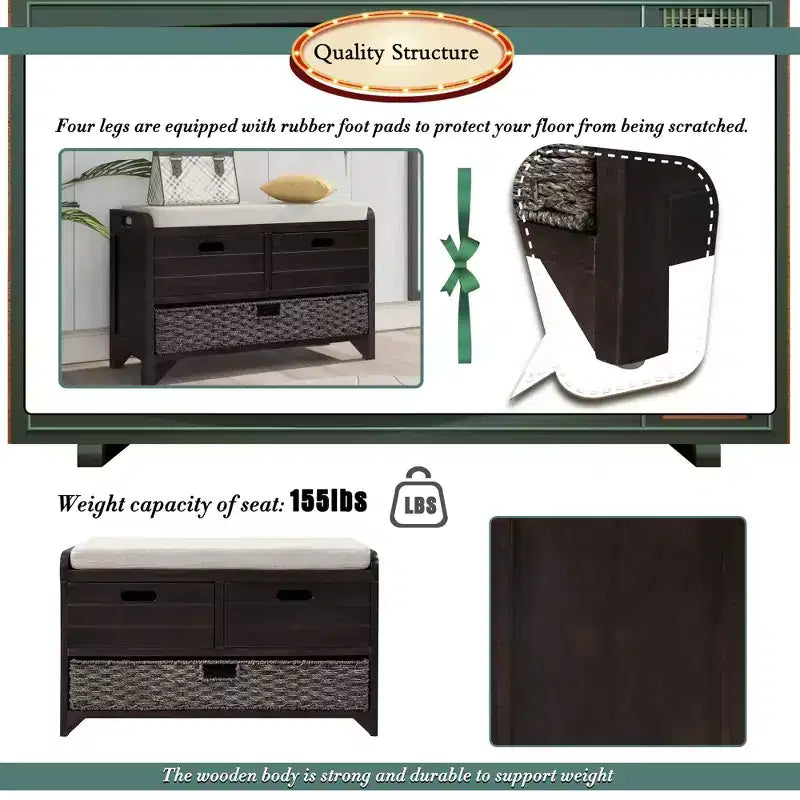 Storage Bench 32" | Removable Basket & 2 Drawers | Cushioned Seat