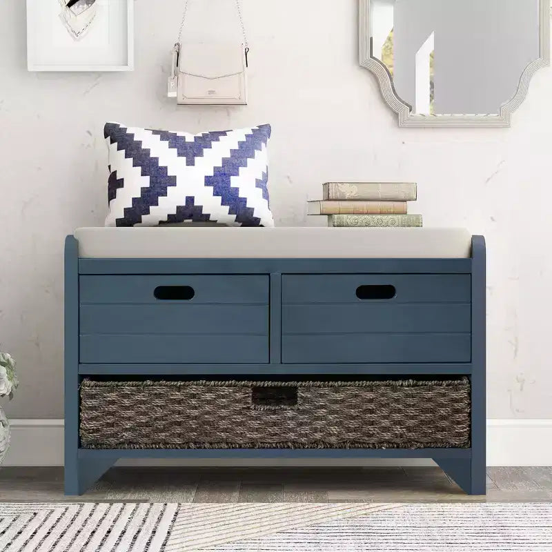 Banc de rangement 81 cm | Panier amovible et 2 tiroirs | Assise coussinée
