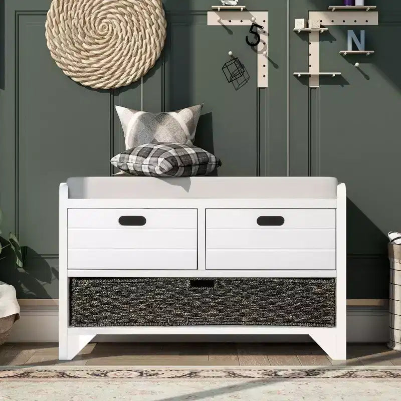 Banc de rangement 81 cm | Panier amovible et 2 tiroirs | Assise coussinée