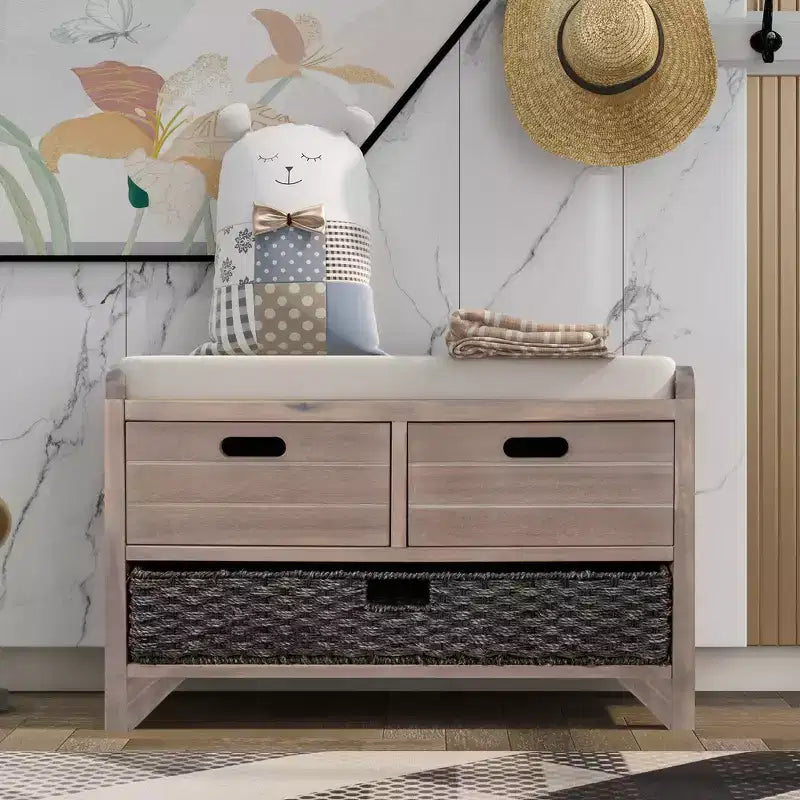 Banc de rangement 81 cm | Panier amovible et 2 tiroirs | Assise coussinée