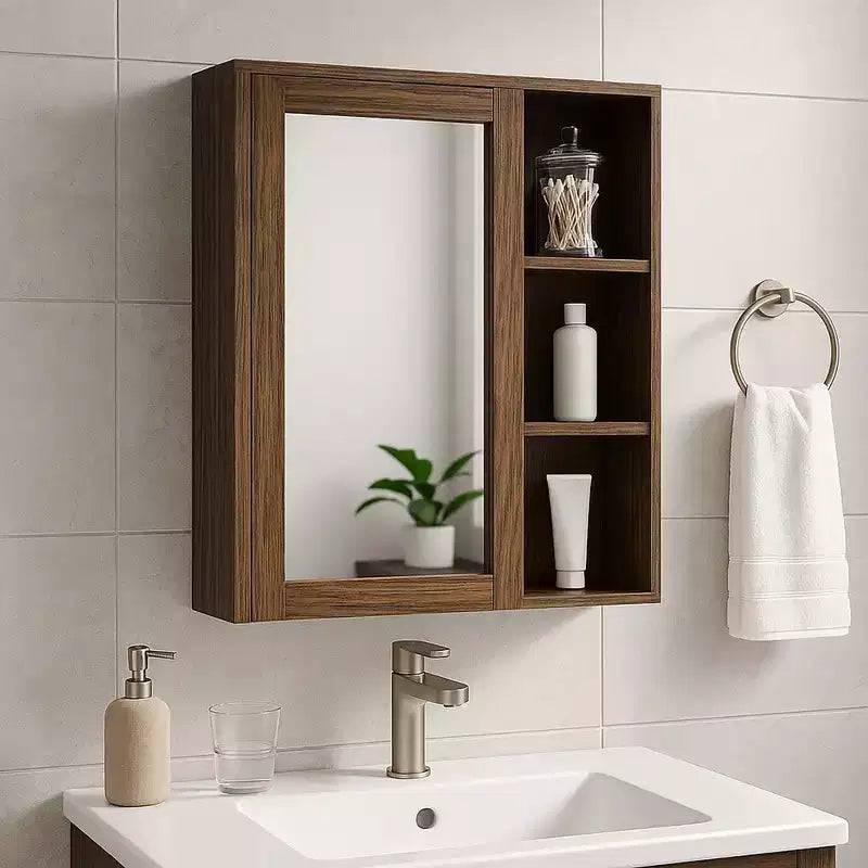 Removable Medicine Cabinet with Mirror & Open Shelves | Walnut | MDF | 24"H