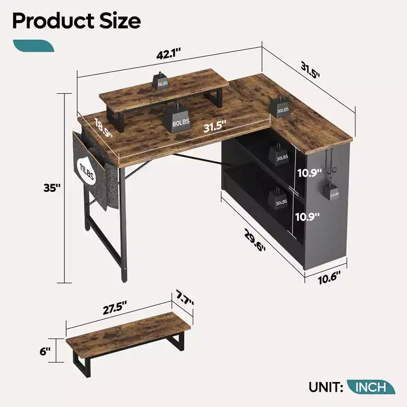 42" L-Shaped Gaming Desk | RGB LED Light | Monitor Stand & Reversible Shelves