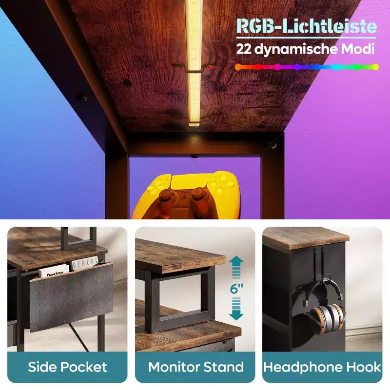 42" L-Shaped Gaming Desk | RGB LED Light | Monitor Stand & Reversible Shelves