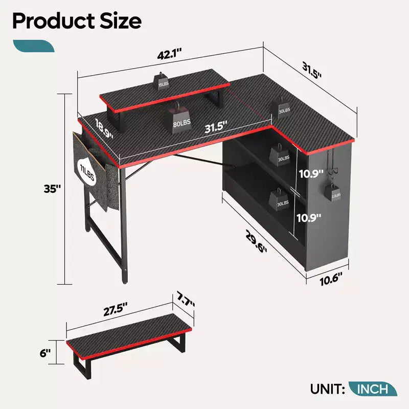 42" L-Shaped Gaming Desk | RGB LED Light | Monitor Stand & Reversible Shelves
