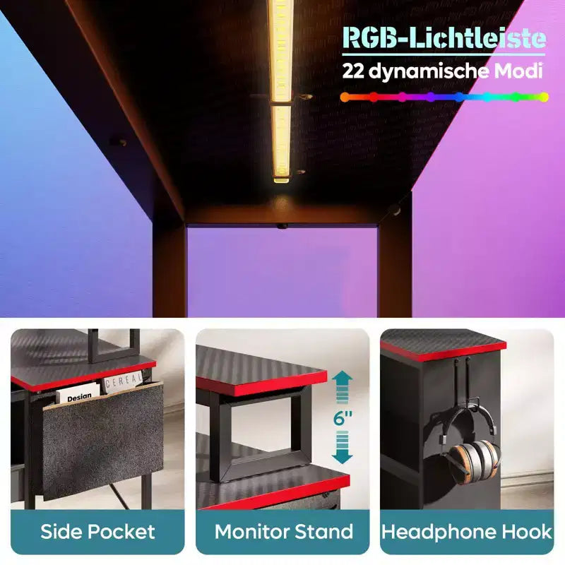 42" L-Shaped Gaming Desk | RGB LED Light | Monitor Stand & Reversible Shelves
