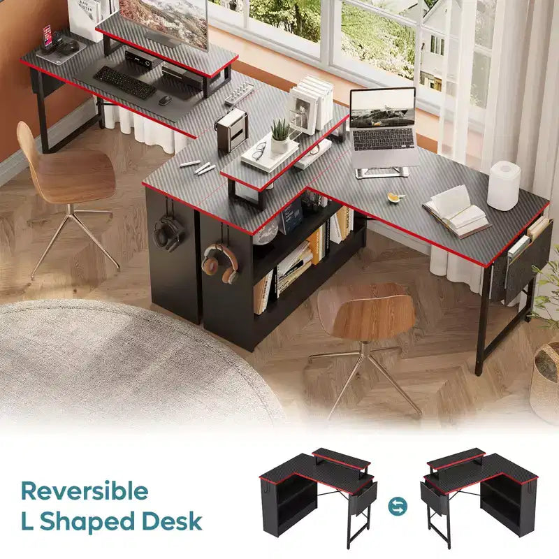 42" L-Shaped Gaming Desk | RGB LED Light | Monitor Stand & Reversible Shelves