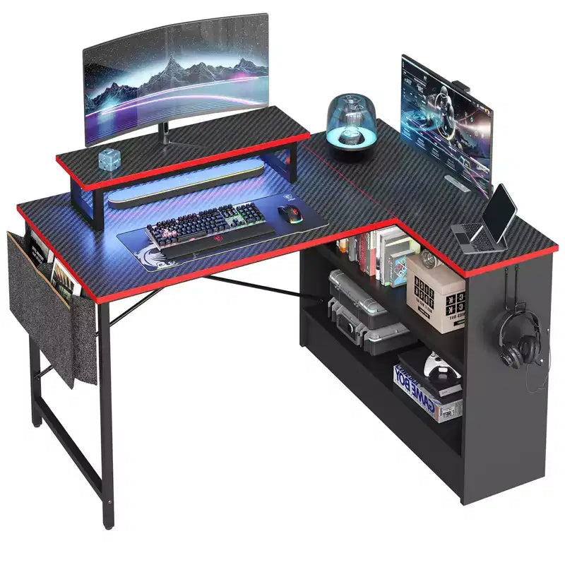 42" L-Shaped Gaming Desk | RGB LED Light | Monitor Stand & Reversible Shelves