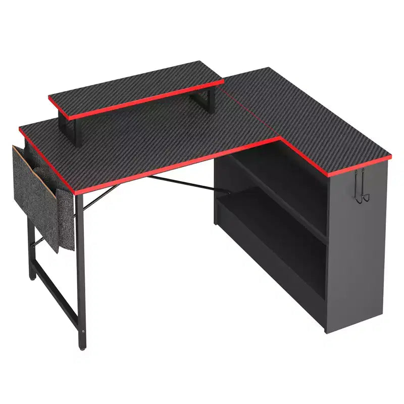 42" L-Shaped Gaming Desk | RGB LED Light | Monitor Stand & Reversible Shelves