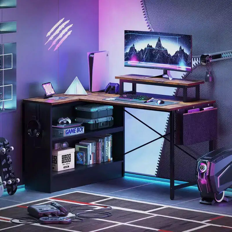 42" L-Shaped Gaming Desk | RGB LED Light | Monitor Stand & Reversible Shelves