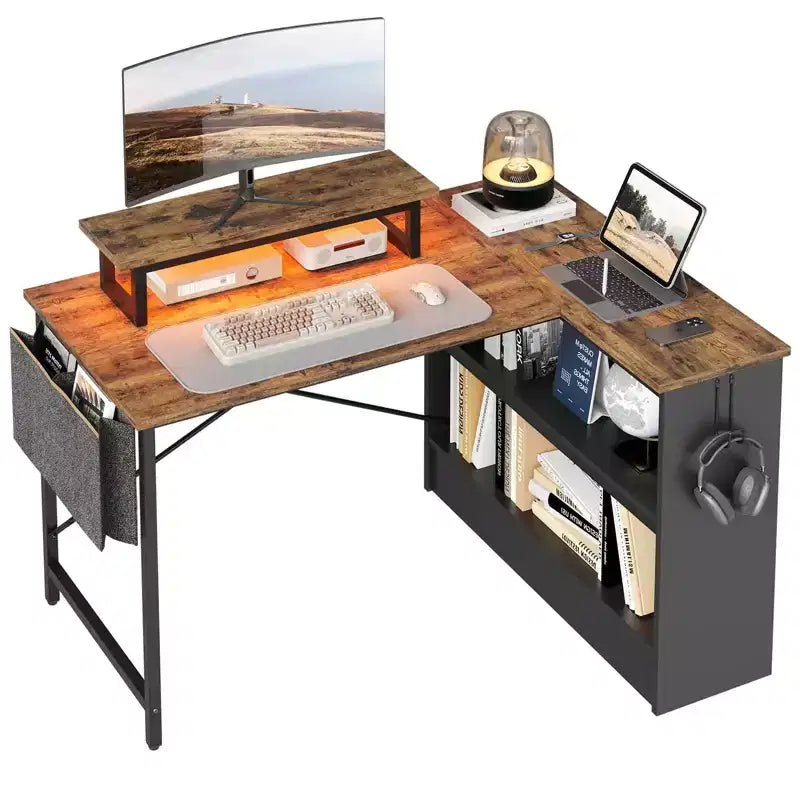42" L-Shaped Gaming Desk | RGB LED Light | Monitor Stand & Reversible Shelves