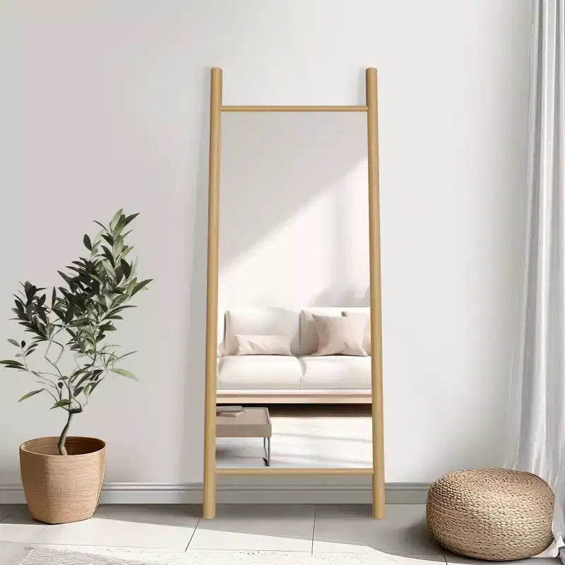 21"x64" Ladder-Style Solid Wood Wall Mirror | Brown | Decorative Shelf