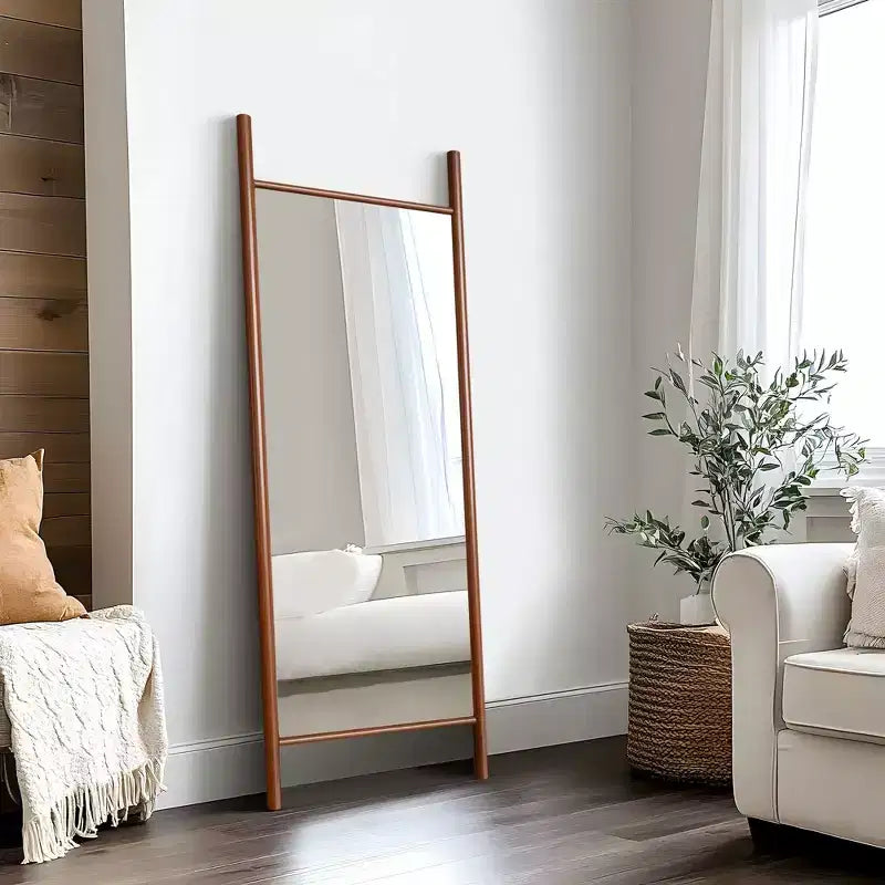 21"x64" Ladder-Style Solid Wood Wall Mirror | Brown | Decorative Shelf
