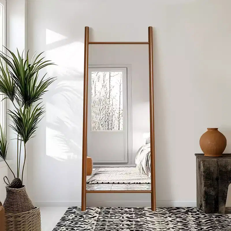 21"x64" Ladder-Style Solid Wood Wall Mirror | Brown | Decorative Shelf