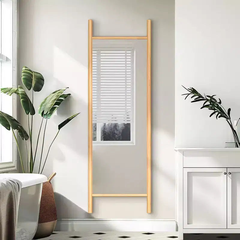 21"x64" Ladder-Style Solid Wood Wall Mirror | Brown | Decorative Shelf