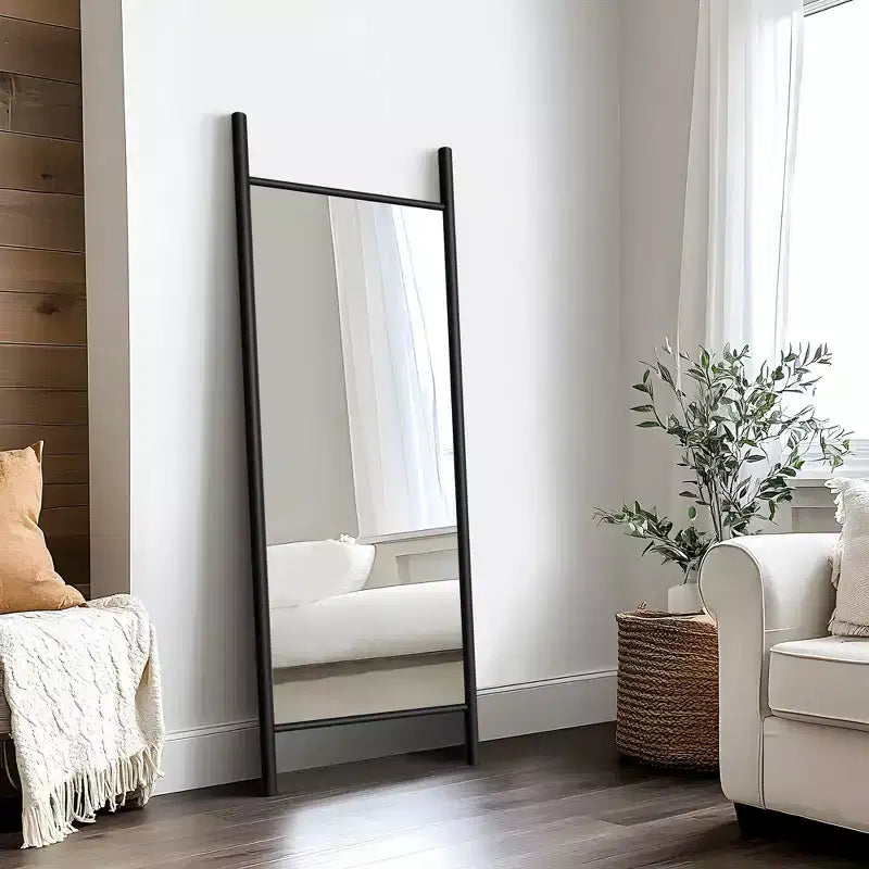 21"x64" Ladder-Style Solid Wood Wall Mirror | Brown | Decorative Shelf