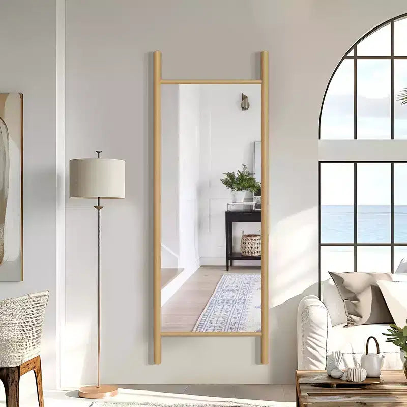 21"x64" Ladder-Style Solid Wood Wall Mirror | Brown | Decorative Shelf