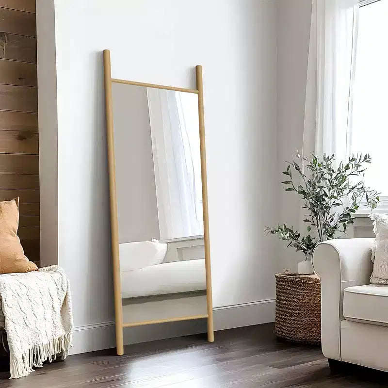 21"x64" Ladder-Style Solid Wood Wall Mirror | Brown | Decorative Shelf